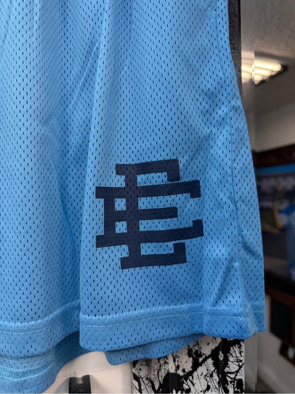 Eric Emanuel Light Blue Mesh Athletic Shorts with Navy Logo - Picture 2 of 6